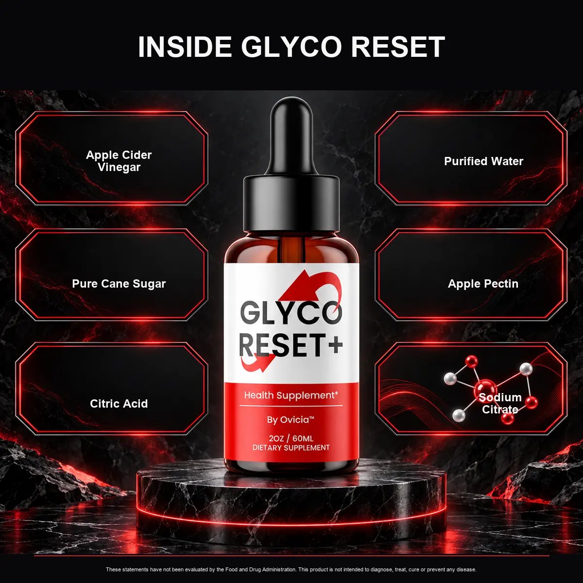 A seller graphic titled Inside Glyco Reset, naming apple cider vinegar, purified water, pure cane sugar, apple pectin, citric acid and sodium citrate